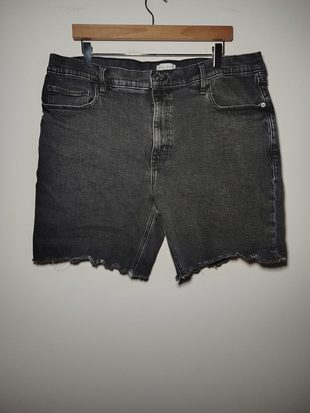 Sun + Stone Men's Denim Shorts Black Gray Frayed Raw Hem Grunge Streetwear